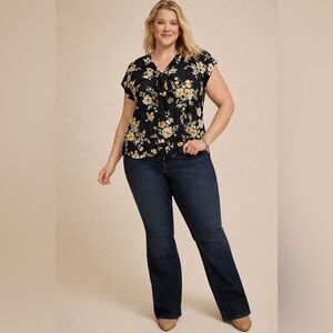 2X SHEER Siren Lily Black and Yellow Floral Blouse with bow